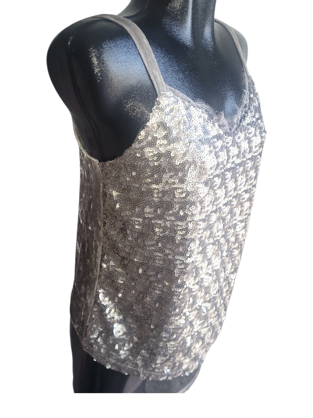 Cupio Silver Sequin Lace Trim Camisole Tank Top Size M - Picture 2 of 5